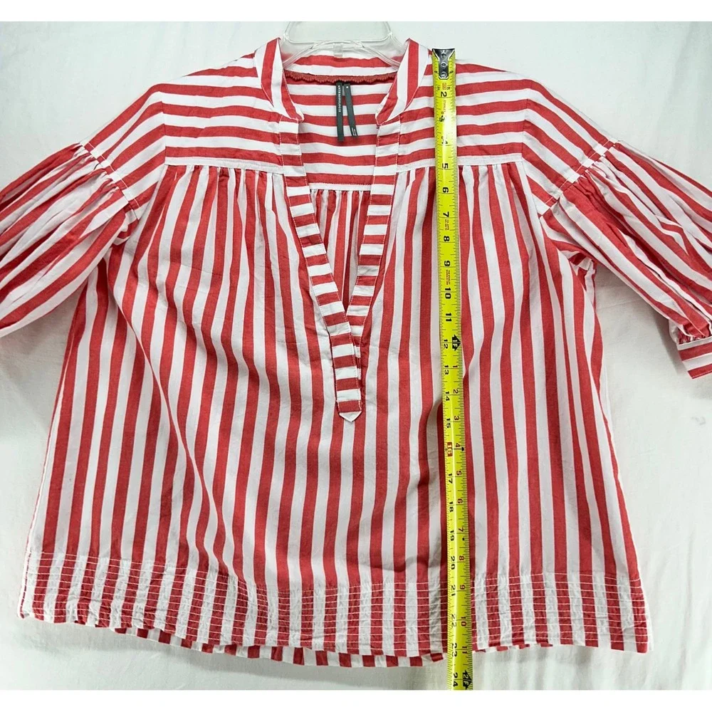 Anthropologie Red White Striped Puff Sleeve Cotton Blouse Top Shirt Boho Medium